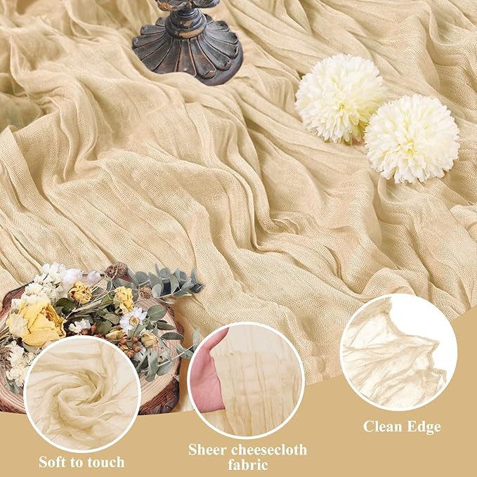 Asee'm 2pcs Cheesecloth Table Runner 120 Inches Long Sand Boho Gauze Cheese Cloth Runner 10FT Rustic Sheer Table Runners for Christmas Wedding Party Baby Shower Spring Easter Decoration