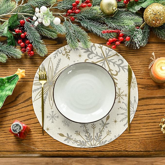 Artoid Mode Beige Snowflake Let It Snow Winter Placemats Set of 4, 15 Inch Seasonal Christmas Xmas Round Table Mats for Dining Decoration