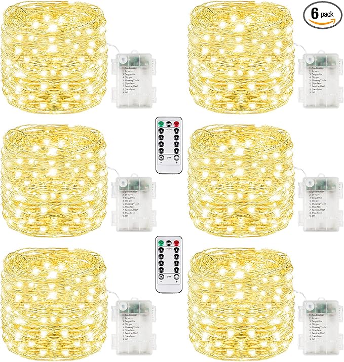 6 Pack Each 33FT 100LED Fairy Lights Battery Operated with Remote, Waterproof Twinkle Lights with Timer, Cuttable String Light Indoor & Outdoor for Bedroom Classroom Wedding DIY Christmas (Warm White)