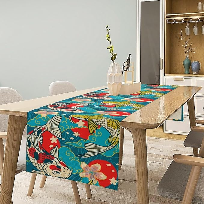 Japanese Kio Fish Table Runner Oriental Tradition Cherry Art Printed Burlap Runner Home Kitchen Dining Table Living Room Decor Fabric 1 Panel W13xL60in