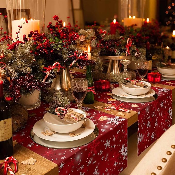 Christmas Snowflakes Cotton Linen Table Runner for Dining Kitchen, Red Xmas Winter Snow Wedding Outdoor Party Tablerunners Decoration, New Year Dresser Scarf Coffee Tablecloth Runners 13x72 Inches