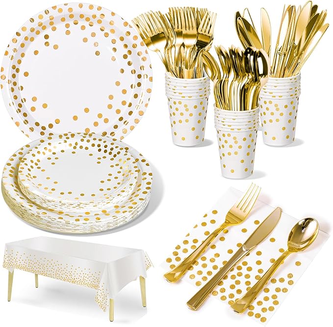 141 Pieces White Gold Party Supplies, Party Dinnerware Sets Include Paper Plates Napkins Cups Silverware, for Wedding Bridal Shower Engagement Birthday Parties Decoration -20 Serves