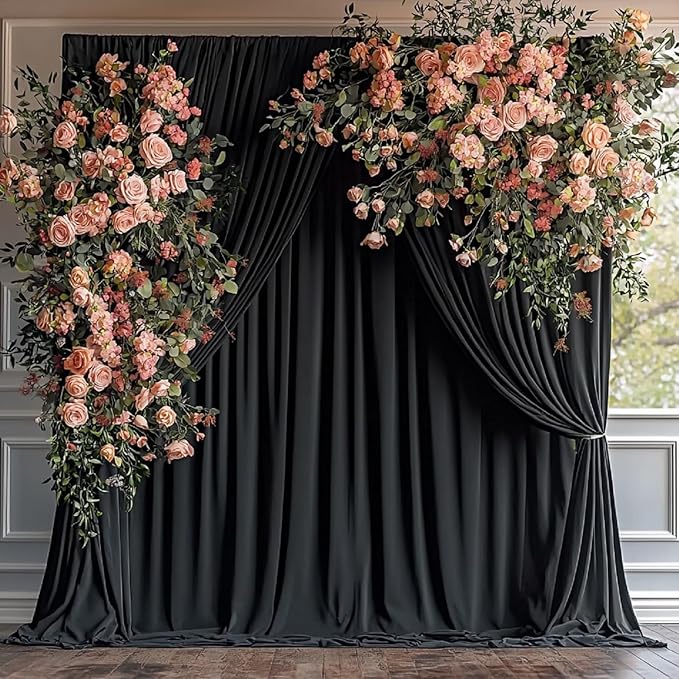 40ftx12ft Wrinkle Free Black Backdrop Curtain, 8 Panels 12FT Height Black Wedding Backdrop Drapes, Silky Polyester Back Drop Cloth for Birthday Photography Background Party Backdrop Draping