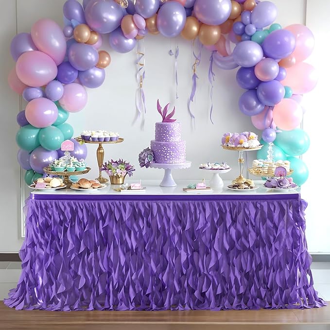 Partisky Mermaid Purple Tulle Curly Willow Table Skirt for Rectangle Table 14ft, Ruffle Tutu Table Cloth for Girls Boys Baby Shower,Mermaid Birthday Party