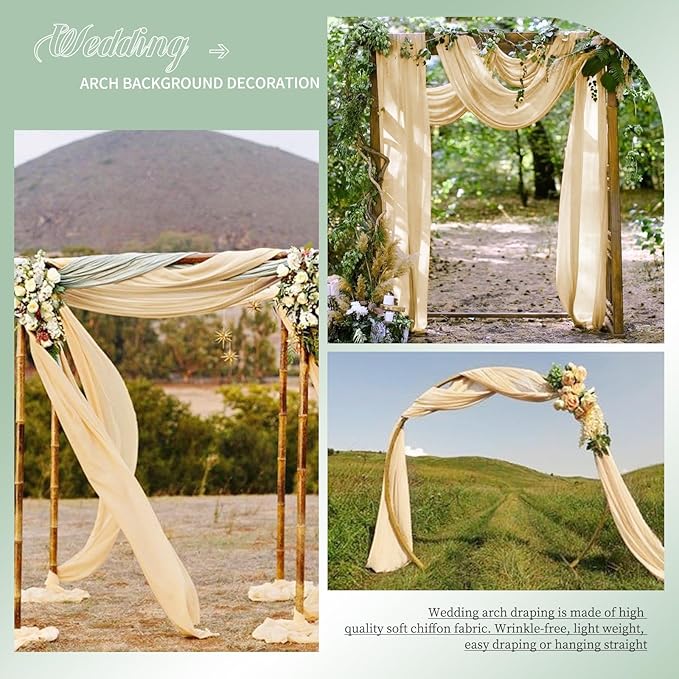 4 Panels Wedding Arch Draping Fabric, 28" x20ft Champagne Drapes, Sheer Chiffon Curtain Arbor Drapery Ceiling Drapes Backdrop for Ceremony Party Decor