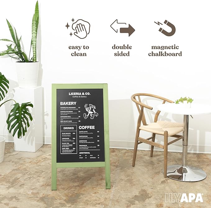Ilyapa Wooden A-Frame Sign with Eraser & Chalk - 40 x 20 Inches Magnetic Sidewalk Chalkboard – Menu Display for Restaurant, Business or Wedding