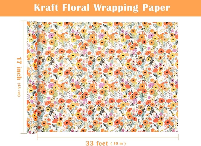 WRAPAHOLIC Kraft Floral Wrapping Paper Roll - Mini Roll - 17 Inch x 33 Feet - Bright Summer Flower Wrapping Paper, Perfect for Wedding, Birthday, Bridal Shower, Tea Party