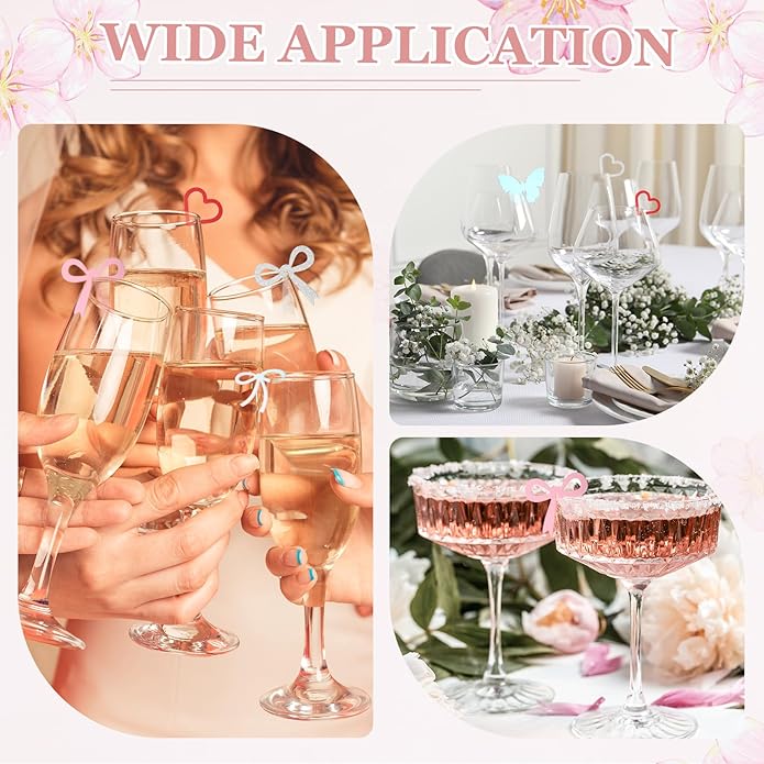 PATIKIL 50 Pcs Bow Drink Tags, Acrylic Wine Glass Charms Reusable Drink Markers for Party Wedding Birthday and Events Accessories, Mirror Gold
