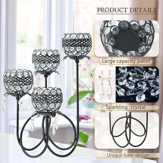 4 Arms Crystal Candelabra Tealight Holder - Tall 15.7 Inch Elegant Centerpiece with Crystal Pendant Bowls & Artistic Metal Stand for Wedding, Dining Table, Home Decor (2, Black)
