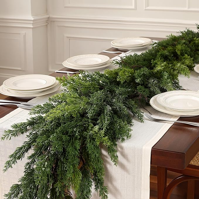 Alupssuc 9FT Christmas Garland, Cedar Garland -Real Touch Artificial Greenery Cypress Pine Garland for Mantle Table Railing Fireplace Indoor & Outdoor Christmas Decoration