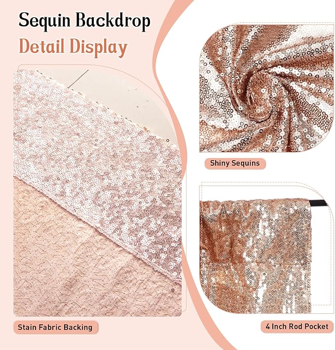 SquarePie Sequin Backdrop Not See Through Thick Background Glitter Curtain Party 6FT x 8FT Rose Gold