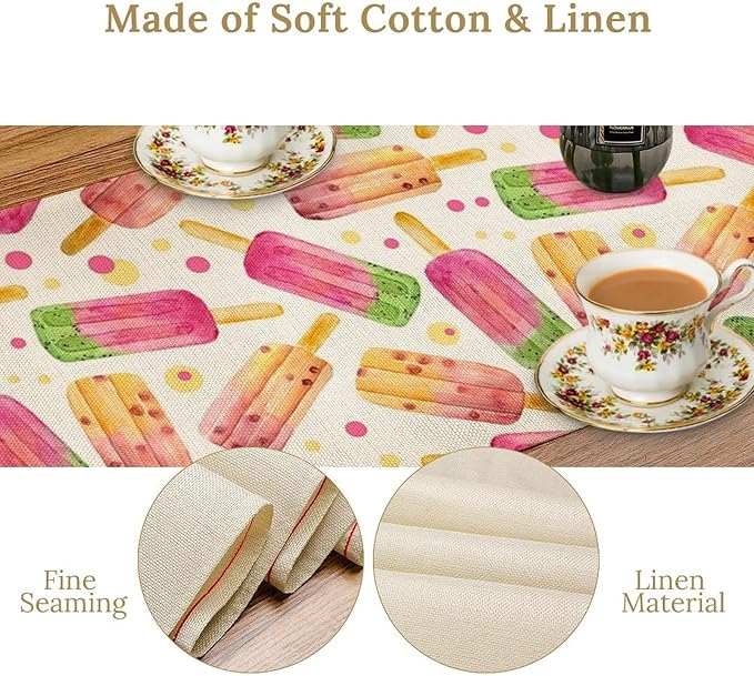 Ice Cream Popsicles Table Runner, Watercolor Summer Seasonal Fruit Peach Kiwi Berry Popsicles Orange Pink Sweet Dessert Dinner Runner for Party Holiday Home Kitchen Dining Table Decor 13"x108"