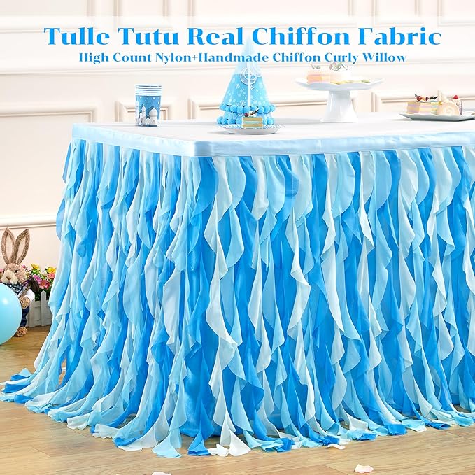 Partisky Ocean Blue Tulle Tutu Ruffle Curly Willow Table Skirt for Rectangle Table 14ft,Under The Sea Baby Shark Themed Table Cloth for Boys Girls Birthday Party or Baby Shower