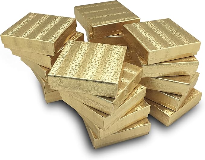 TheDisplayGuys - 25-Pack #53 Kraft Paper Cardboard Gift Boxes/Jewelry Cases w. Cotton Padding & Lid - Gold Foil - (5.4" x 3.9" x 1.0")
