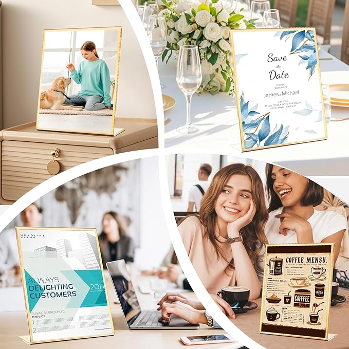Acrylic Gold Frames 4X6, Slanted Back Gold Picture Frames Table Acrylic Sign Holder for Photos Wedding Table Numbers and Art Display with Removable Clear Sticky Dots，3 Pack