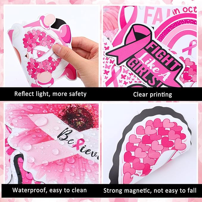 Xuhal 25 Pcs Breast Cancer Awareness Magnets Decoration Pink Gnome Ribbon Butterfly Flower Love Decorative Fridge Magnetic Stickers for Mailbox Car Metal Garage Door Decoration