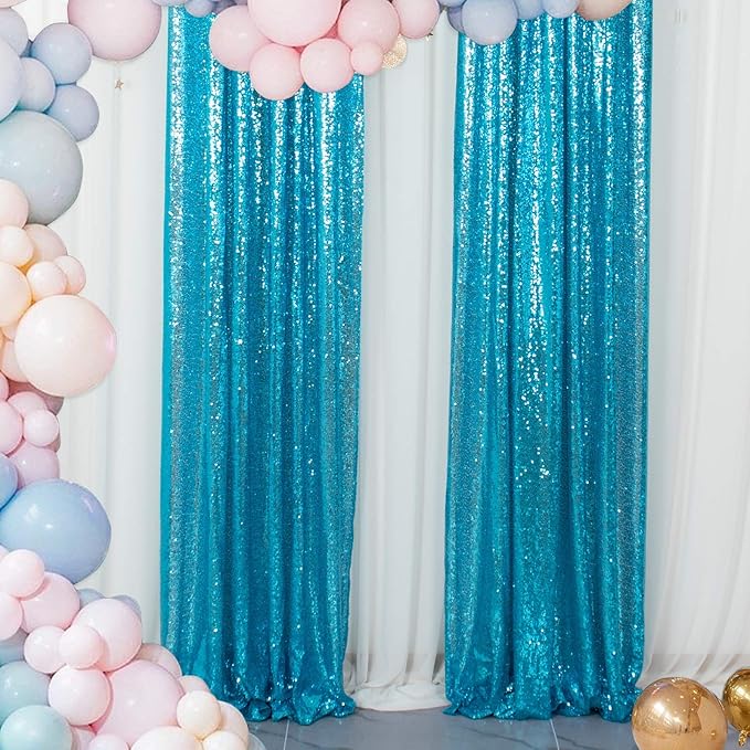 ShinyBeauty Sparkle Backdrop Curtain Aqua 2 Panels Set Sequin Photo Backdrop Turquoise 2FTx8FT Sequin Backdrop Curtain Aqua Blue Pack of 2-1220S