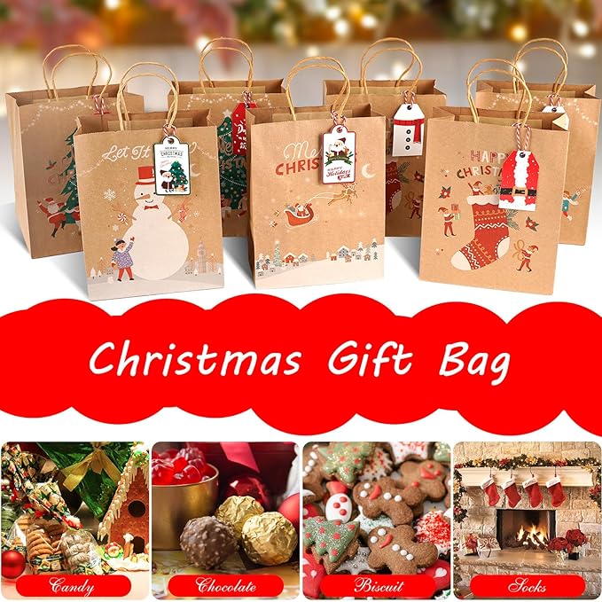 LYLIN 12Pcs Kraft Christmas Gift Bags with Handles, Small Xmas Treat Bags Reusable Gift Bags for Wrapping Gifts, Party Favors and Holiday Decor