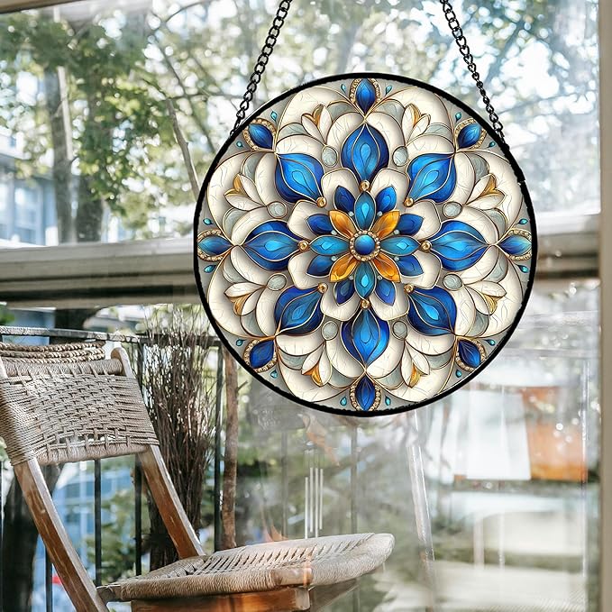 Stained Glass Window Hanging - Blue and White Abstract Flowers Suncatcher for Door Terrace Garden Home Decor, Gold Sun Catcher Birthday Gifts for Lovers Women Men Dad Mom Nana 7.8 in