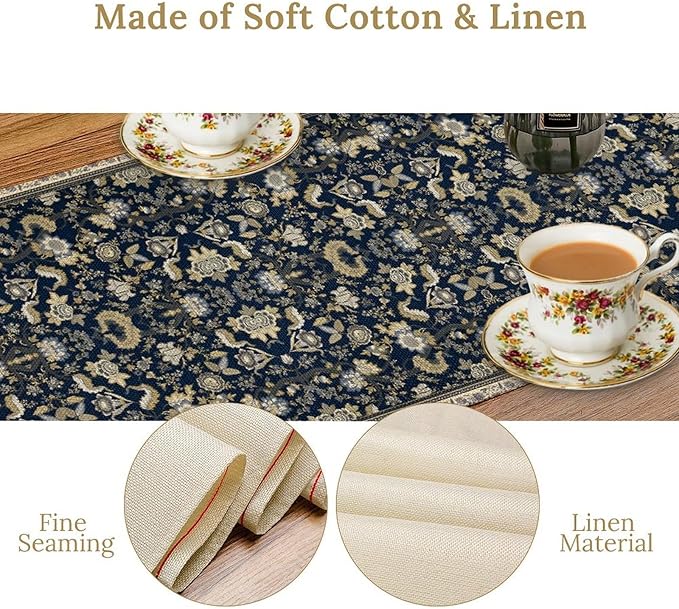 Vintage Boho Floral Table Runner, Morris Rustic Country Farmhouse Dark Blue Grey Retro Flower Pattern for Home Kitchen Table Decor Dining Coffee Room Party Decor 13x36in