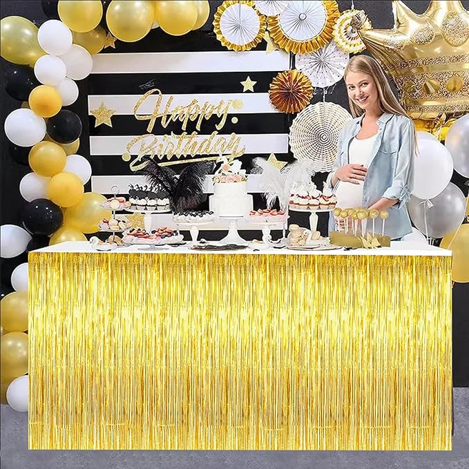 BEISHIDA 2 Pack Gold Metallic Tinsel Foil Fringe Table Skirts - Decors for Rectangle & Round Tables - Birthday & Holiday Party