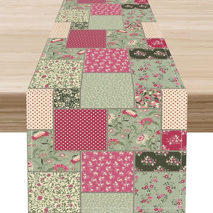 Patchwork Table Runner, Boho Vintage Floral Checkered Plaid Bohemian Paisley Flower Farmhouse Table Center Decor for Home Kitchen Dining Patio Holiday Party Indoor Table Decorations, 13"x36" Inch
