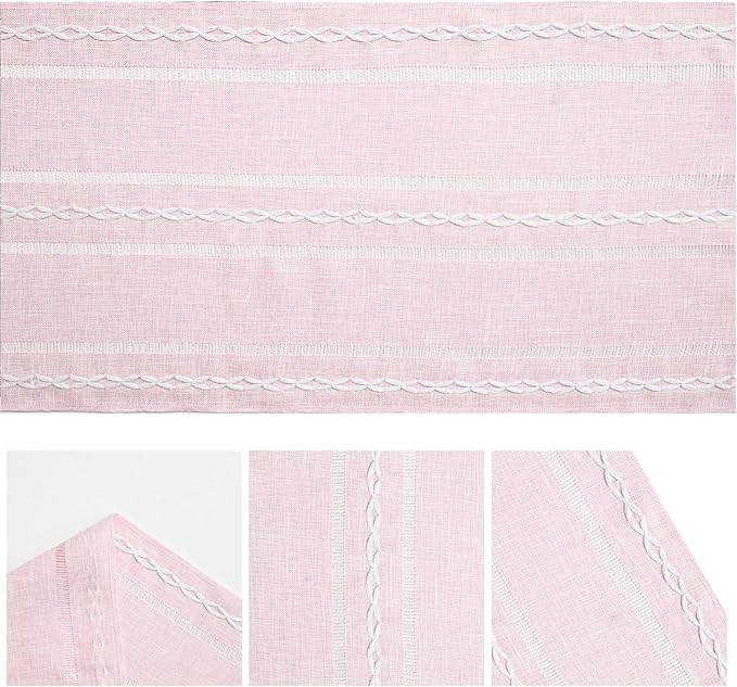 Artoid Mode Pink Rustic Cotton Linen Table Runner, Seasonal Embroidered Hollow Kitchen Dining Table Decoration for Home Party Decor 13x90 Inch