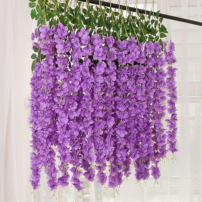 24 Pack Purple Wisteria Hanging Flowers Garland, 3.77 Feet Artificial Flower Vines, Fake Wisteria, Artificial Vines Hanging Garland for Backdrop Outdoor Yard Garden Decor