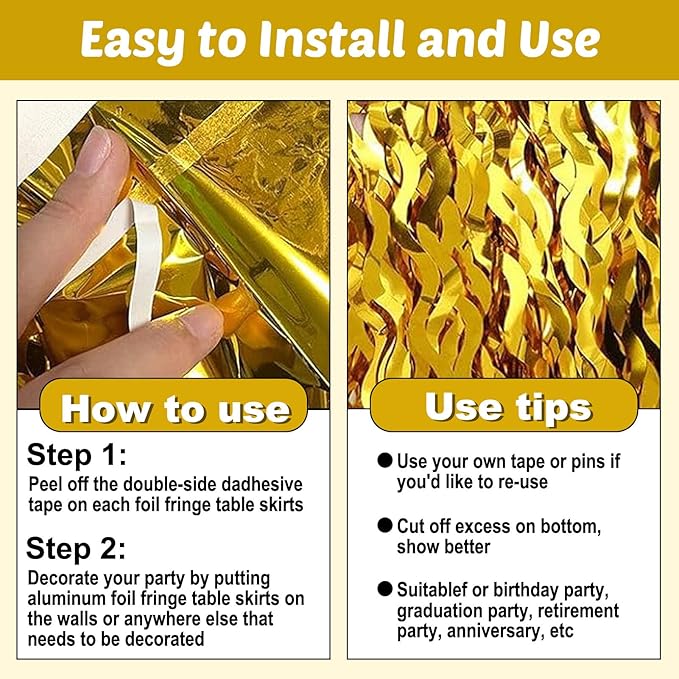 6 Pack 29x108 Inch Gold Wave Foil Fringe Table Skirts Metallic Banner for Tinsel Streamer Garland Backdrop for Parade Floats Wedding, Mother's Day, Birthday Mardi Gras Party Decorations