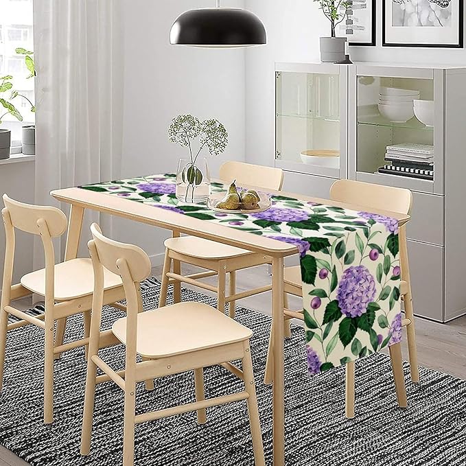Spring Hydrangea Flower Table Runner, Seasonal Summer Plants Eucalyptus Leaves Purple Florals Dinner Runner for Home Kitchen Dining Table Party Holiday Decoration 13"x120"