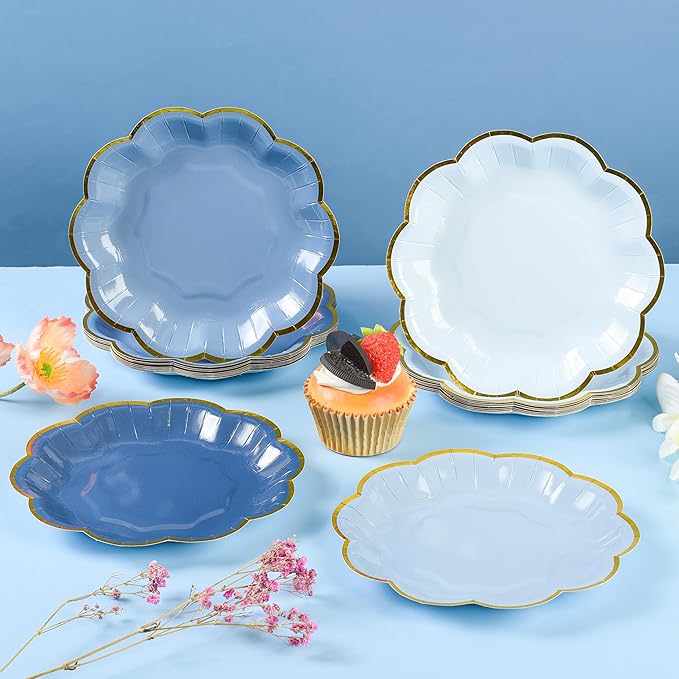Dusty Blue Party Plates Gradient Blue Dessert Paper Plates 7inch Gold Foil Scalloped Edge Disposable Cake Plates for Tea Party Birthday Bridal Baby Shower Wedding Party Supplies (48)
