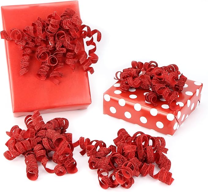 6" Metallic Glitter Red Self Adhesive Curly Ribbon Gift Wrap Bows for Christmas, Holiday, Birthday, Wedding, Presents, Party Favors Decorations 6-Count