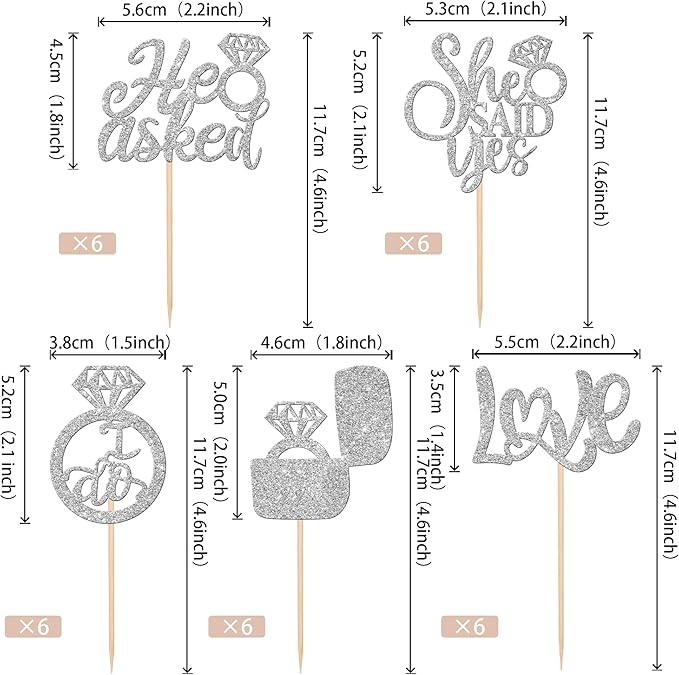 30 PCS He Asked She Said Yes Cupcake Toppers Diamond Ring Cupcake Picks Love I Do Bridal Shower Cupcake Decorations for Wedding Enaggement Theme Party Cake Decorations Supplies Silver