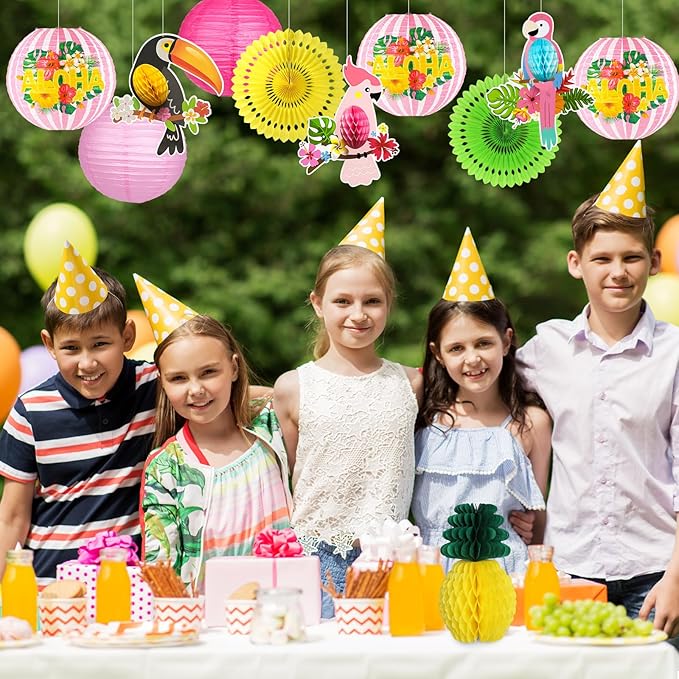 Luau Party Decorations, Aloha Paper Lanterns Tropical Parrot Birds Tissue Paper Fans Pineapple Honeycomb Decorations for Beach Pool Flamingo Moana Birthday Party Supplies