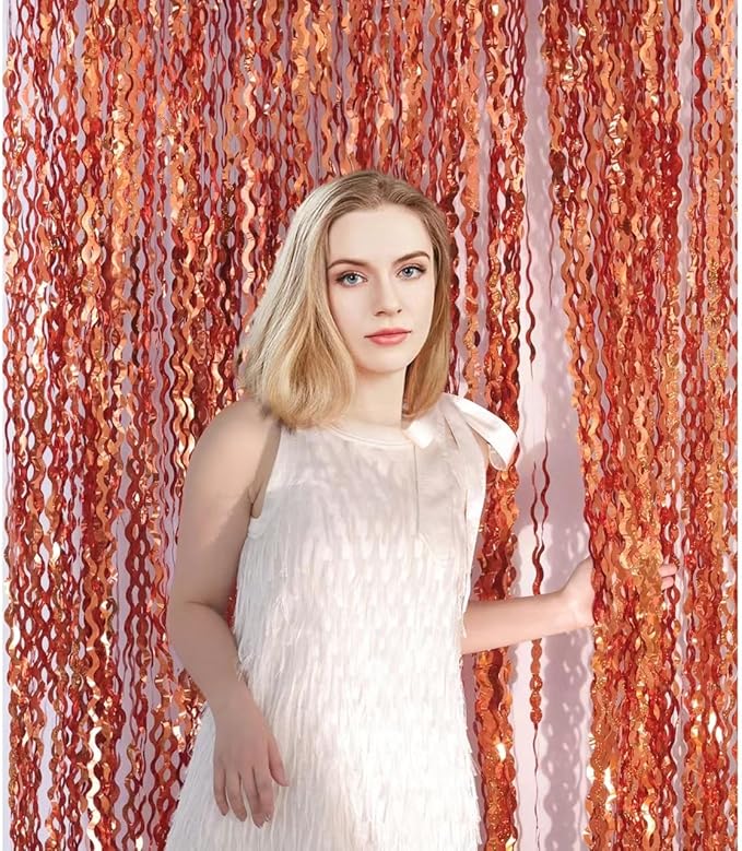 4 Pack 3.3x6.6ft Wavy Orange Foil Fringe Backdrop Curtains -Tinsel Streamers Metallic Foil Fringe Backdrop Door for Halloween, Graduation,Baby Shower,Gender Reveal