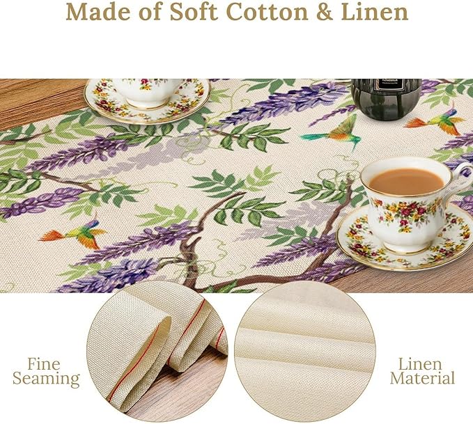 Vintage Bird Flower Table Runner Seasonal Spring Purple Wisteria Garden Plants Lavender Florals Farmhouse Country Kitchen Dinner Runner Dining Table Decoration for Home Party Holiday 13"x108"