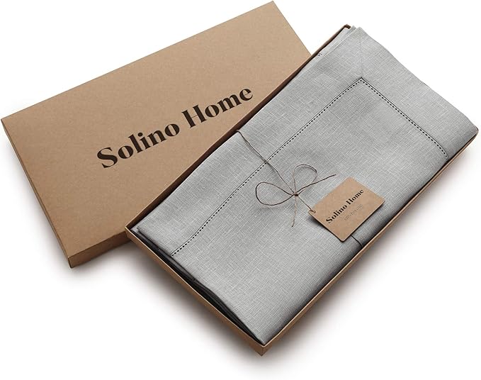 Solino Home Linen Tablecloth for Rectangle Tables 60 x 90 Inch - Classic Hemstitch 100% Pure Linen Soft Grey Table Cloth - Machine Washable Cloth Tablecloth for Fall, Autumn, Thanksgiving, Christmas