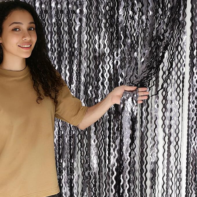 4 Pack Wavy Grey Foil Fringe Curtains Party Decorations - 3.3 ft x 6.6 ft Tinsel Curtain Backdrop for Birthday Bachelorette Wedding Birthday Disco Party Decorations