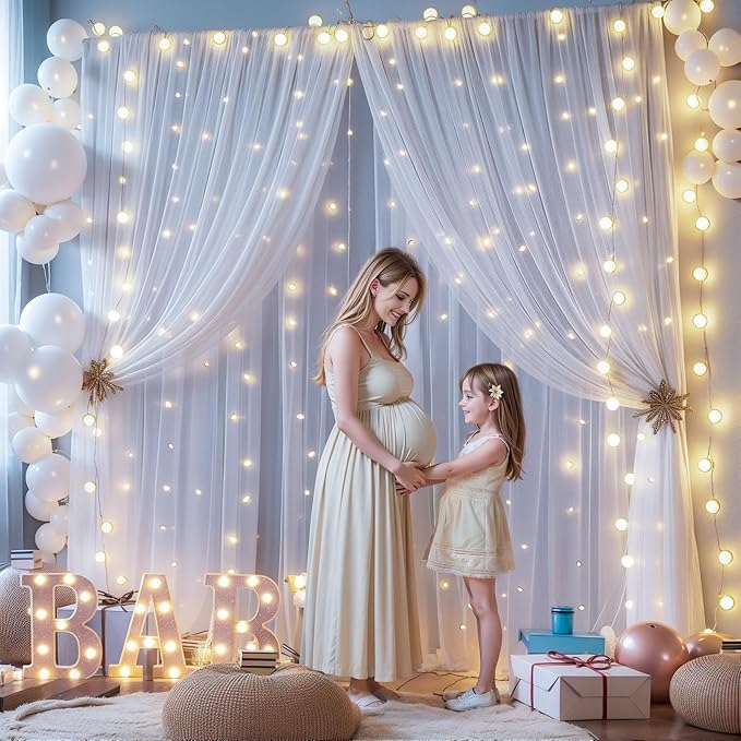 20x10ft White Tulle Backdrop Curtains with Lights for Party Wedding Baby Shower, Sheer Wrinkle Free Backdrop Curtains for Birthday Party Photo Booth Background Decoration