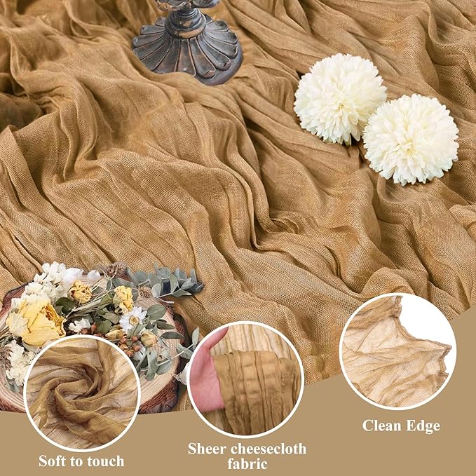 Asee'm 2pcs Cheesecloth Table Runner 120 Inches Long Khaki Boho Gauze Cheese Cloth Runner 10FT Rustic Sheer Table Runners for Christmas Wedding Party Baby Shower Spring Easter Decoration