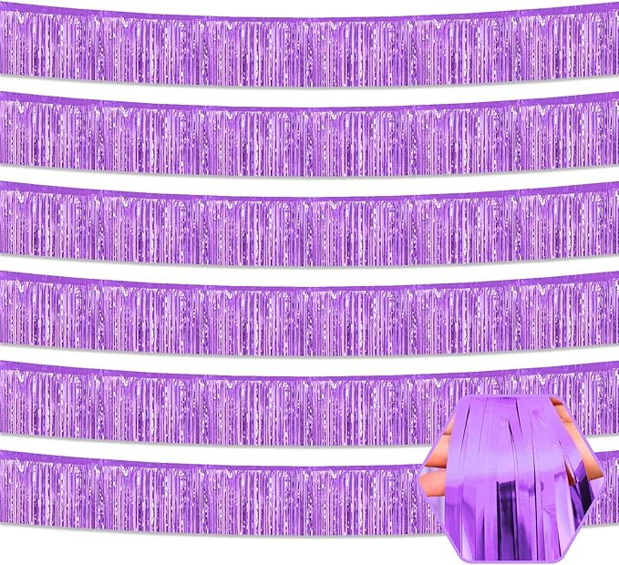 6 Pack 10 Feet Light Purple Foil Fringe Garland Metallic Tinsel Streamers Banner Wall Hanging Curtain Backdrop for Parade Floats, Birthday, Graduate, Mother's Day, Wedding Party Decoration