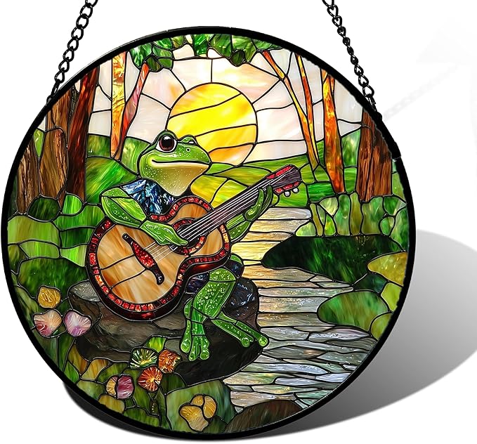 Stained Glass Window Hanging, Frog Playing Guitar Suncatcher Diamond Glass Panel Funny Sun Catchers Decor for Birthday for Women, Men, Wife, Aunt, and Mom 9.8 in