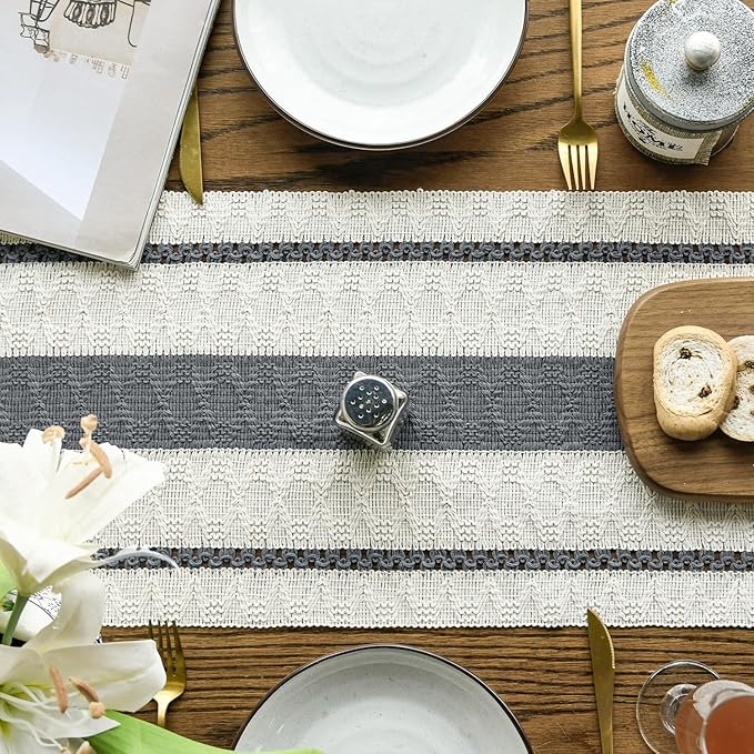 Artoid Mode Dark Grey Farmhouse Woven Rustic Table Runner, Seasonal Holiday Hollow Kitchen Dining Table Decoration for Home Party Decor 12x48 Inch