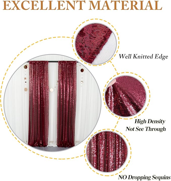 ShinyBeauty Sequin Curtains Panels Burgundy Backdrop Curtain 4 Pieces Photobooth Shimmer Background Glitter Fabric Maroon Christmas Backdrops Party Birthday Wedding Decor (2Ftx8Ft)