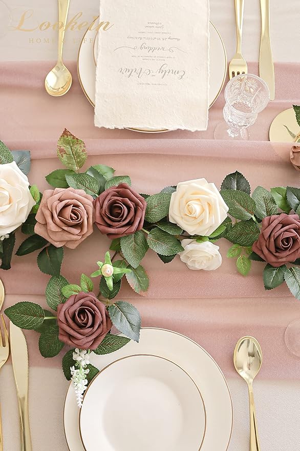 Lookein Artificial Rose Flower Garland Greenery Garland 5FT for Wedding Ceremony Backdrop Arch Flowers Table Centerpieces Decorations, Cream Plum