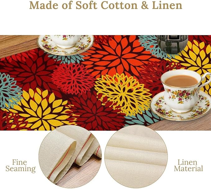 Red Yellow Dahlia Table Runner, Seasonal Autumn Thanksgiving Pattern Print for Home Kitchen Table Decor Dining Coffee Room Party Decor 13x108 Inch