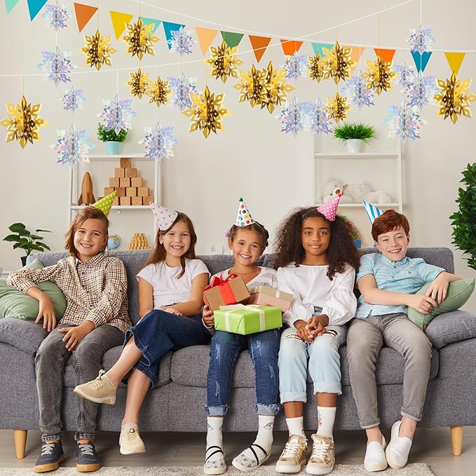Benbilry 3D Hanging Snowflake Decorations for Christmas Tree, 36pcs 3 Size Winter Wonderland Decorations for Frozen Birthday Party, Christmas Home Decor - 18pcs Iridescent and 18pcs Gold Color