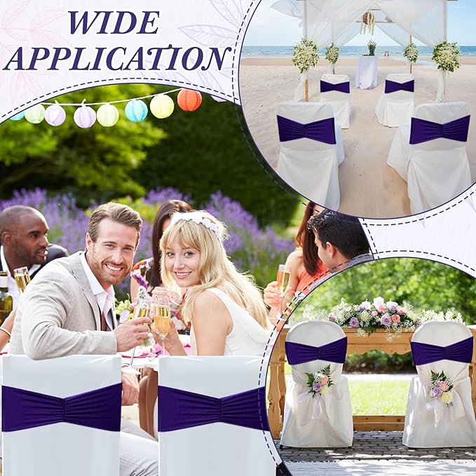 Moukeren 100 Pcs Spandex Chair Sashes Bows Bands Slider Sashes for Chair Covers Elastic Bands Ties Ribbon Decorations for Wedding Party Events Ceremony Birthday Banquet(Deep Purple)