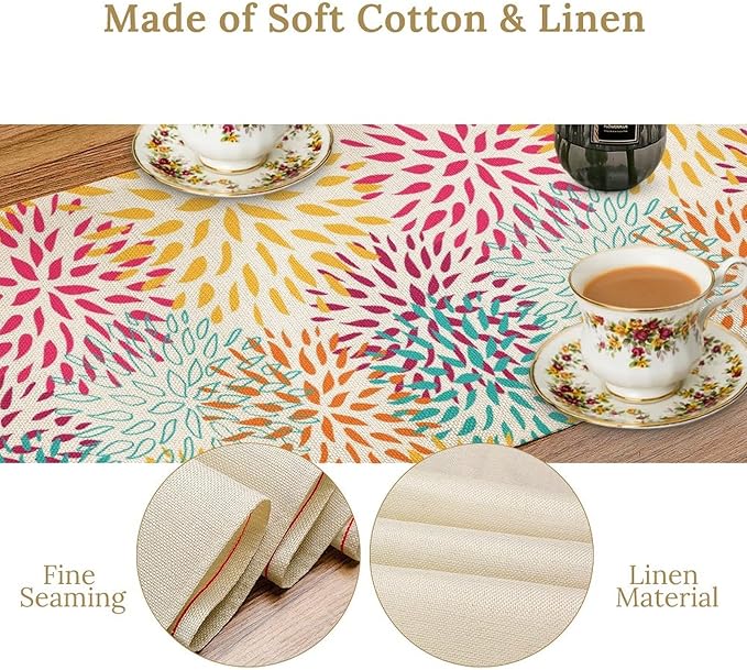 Abstract Flowers Table Runner, Chrysanthemum Dahlia Vintage Modern Colorful Spring Summer Elegant Table Runner for Party Kitchen Dining Living Room Laundry Room Decor, 13x90 Inch
