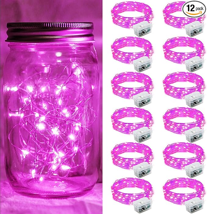 12 Pack Pink Fairy Lights 7Ft 20 LED Twinkle String Lights 3 Modes Battery Operated Waterproof Firefly Starry for Mason Jar Party Wedding Christmas Valentines Day Table Centerpieces